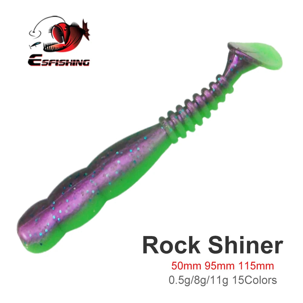 Green and purple soft plastic fishing lure, Rock Shiner, with paddle tail and glitter accents.