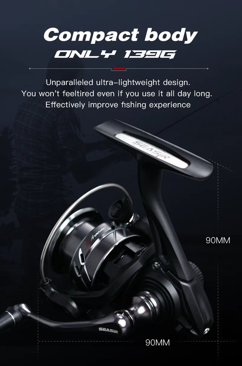 Ultra-lightweight 139g compact fishing reel with SEASIR branding and 90mm dimensions, ideal for outdoor anglers.