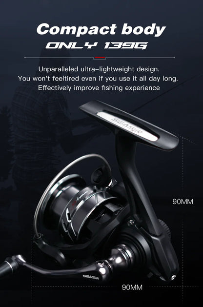Ultra-lightweight 139g compact fishing reel with SEASIR branding and 90mm dimensions, ideal for outdoor anglers.