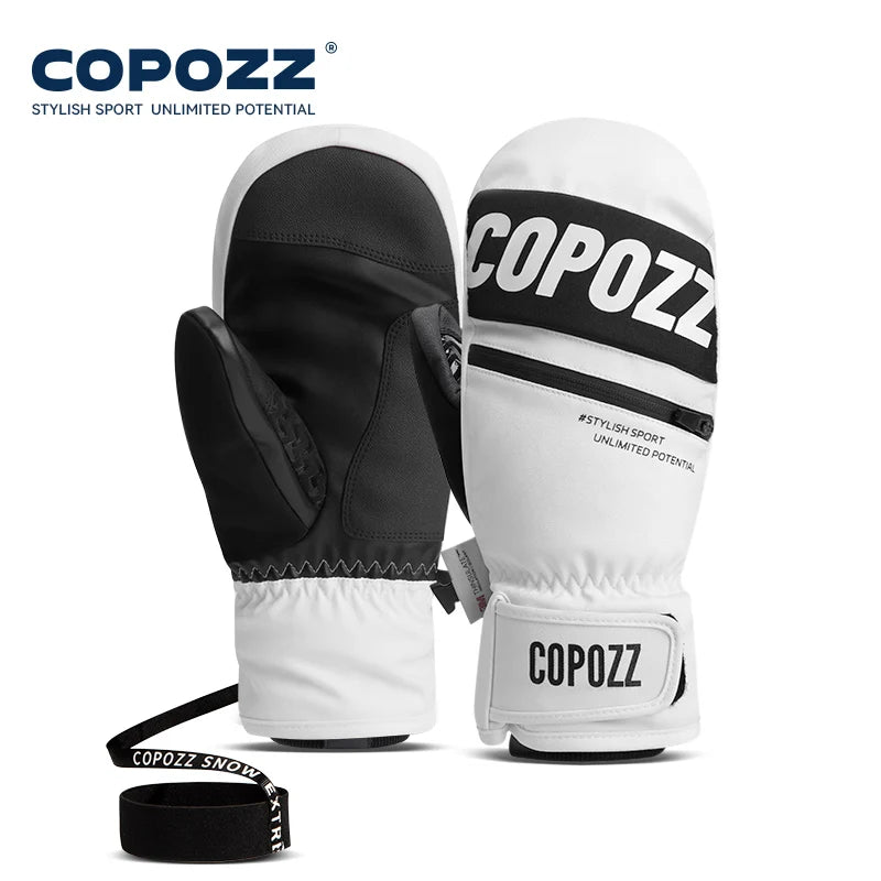 Black and white COPOZZ mittens on a white background