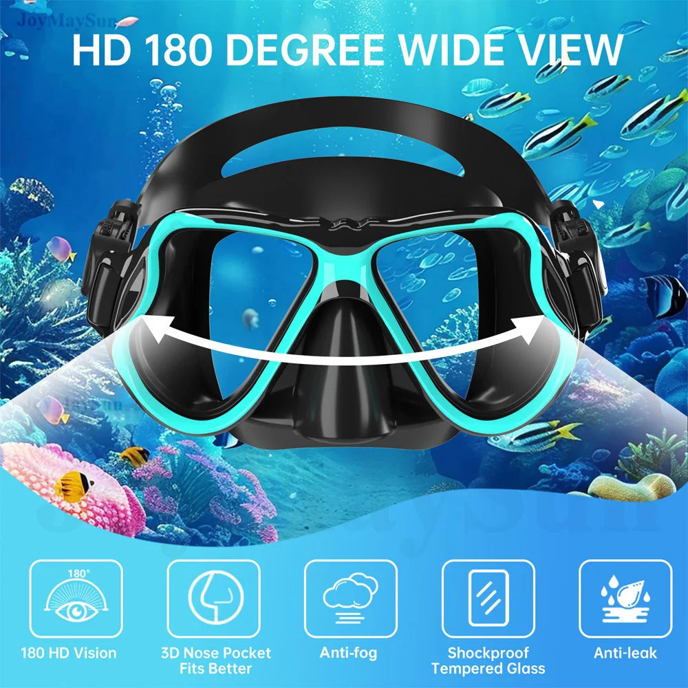 Diving mask with 180-degree wide view feature against an underwater scene background.