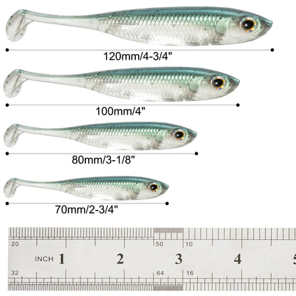 Four soft plastic fishing lures in various sizes with ruler for scale, clear and silver color.