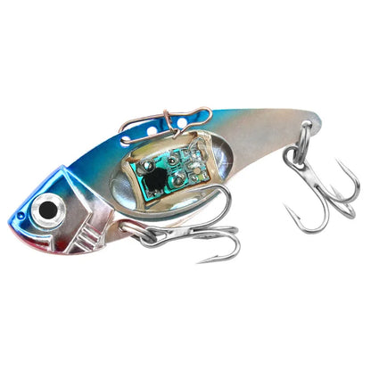 Fishing lure with metallic finish on a white background