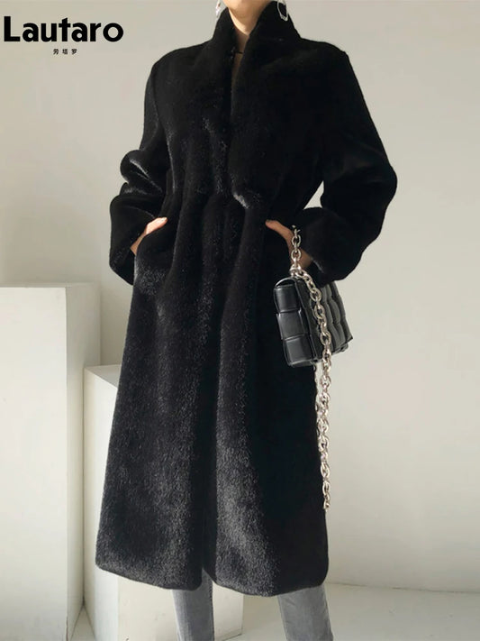 HookUpCo. Luxury Black Faux Mink Fur Coat for Women