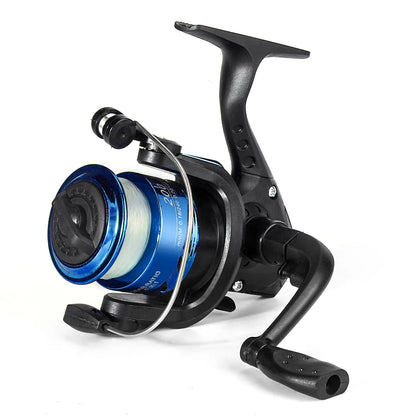 Blue and black spinning fishing reel for outdoor angling, isolated on white background
