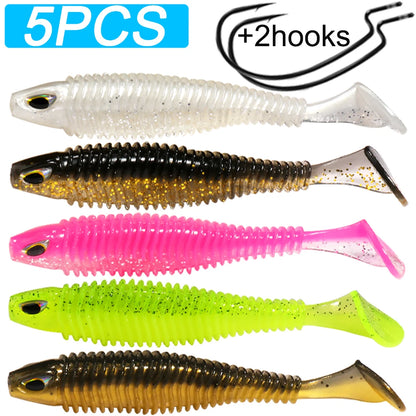 Set of five colorful soft plastic fishing lures with two hooks for outdoor angling
