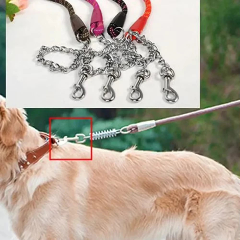 316 stainless steel swivel eye with four spring clips on chain for secure dog leash attachment.