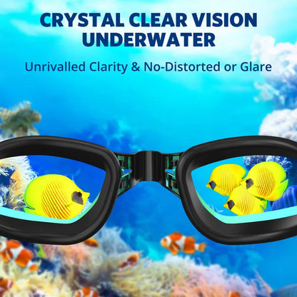 HookUpCo anti-fog UV swim goggles with black frame and neon yellow lenses shown underwater clarity.