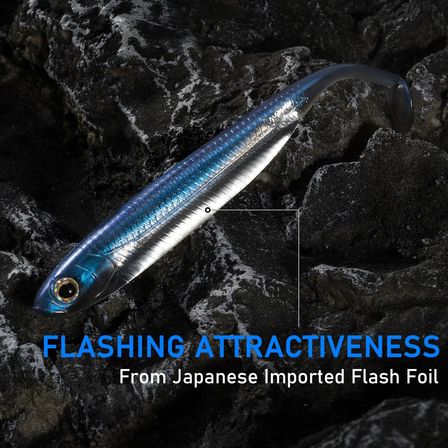 Shiny blue and silver fishing lure with realistic details on dark textured rock