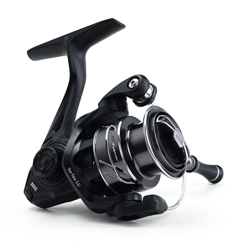 Black spinning fishing reel with gear ratio markings, durable outdoor gear accessory