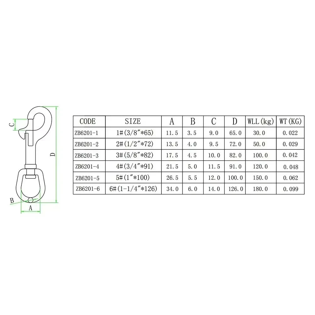 316 stainless steel swivel eye hook with open eye and measuring diagram.