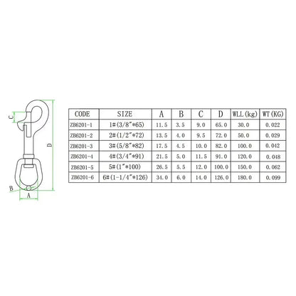 316 stainless steel swivel eye hook with open eye and measuring diagram.