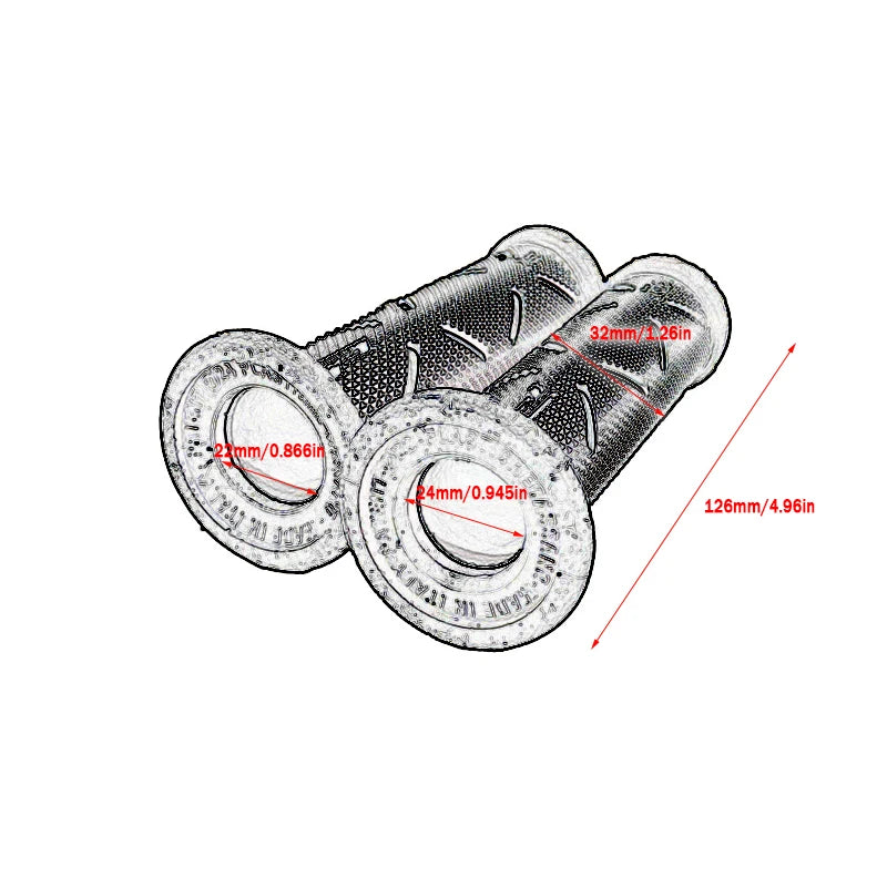 HookUpCo 22mm universal handlebar grips in silver textured rubber with molded patterns and measured dimensions.