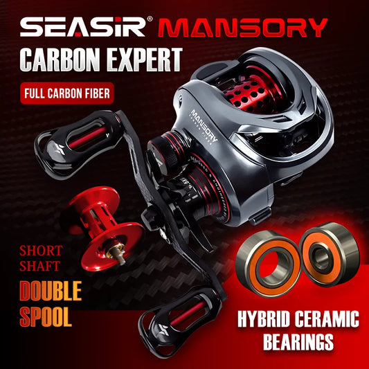 Carbon fiber baitcasting fishing reel with double spool, hybrid ceramic bearings, and short shaft