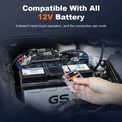 Person connecting a small device to a car battery with text about compatibility with all 12V batteries.