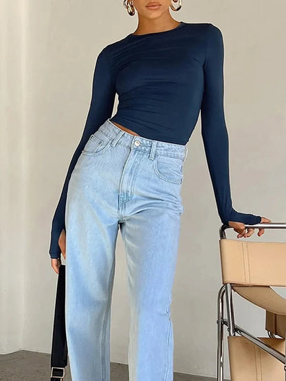 Slim Fit Long Sleeve Crop Top with Thumb Holes for Summer