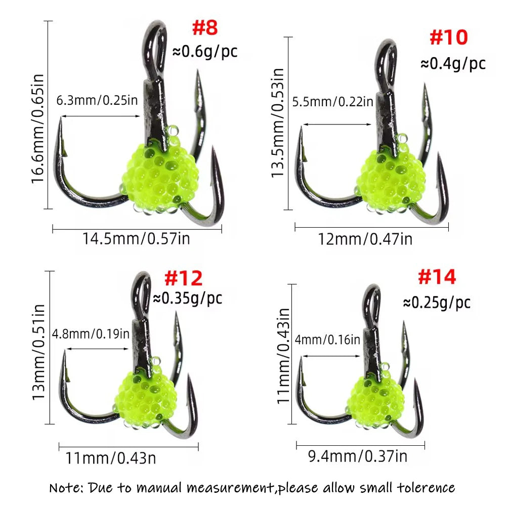 Set of four fishing treble hooks with green textured bait balls, shown in sizes 8, 10, 12, and 14 with measurements.