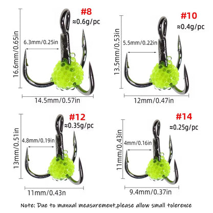 Set of four fishing treble hooks with green textured bait balls, shown in sizes 8, 10, 12, and 14 with measurements.