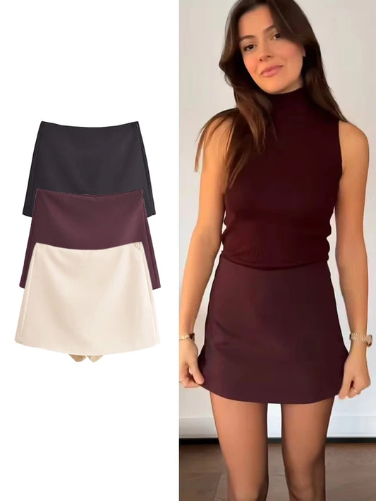 High Waist Vintage Mini Skort with Side Zipper for Women