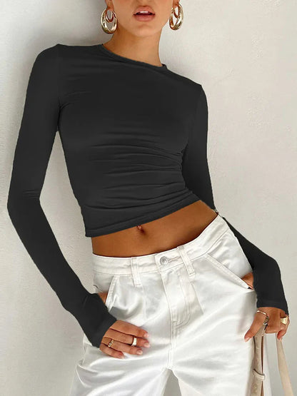 Slim Fit Long Sleeve Crop Top with Thumb Holes for Summer