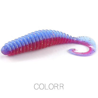 Pink and blue soft plastic fishing lure with ribbed body and curly tail for outdoor angling