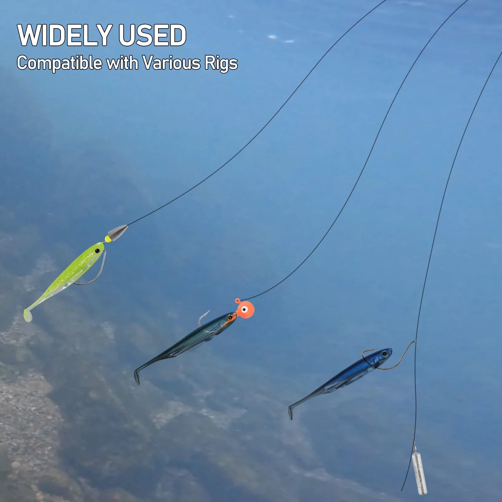 Three fishing lures suspended underwater on rigs, showcasing lure versatility for anglers.