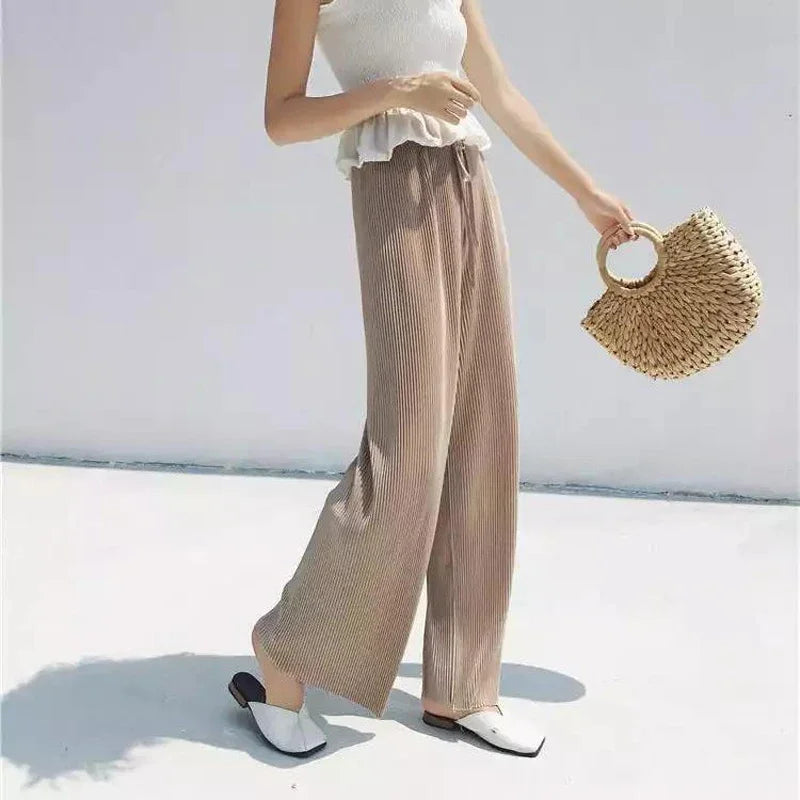 Summer Pleated Wide Leg Pants in Ice Silk for Effortless Style