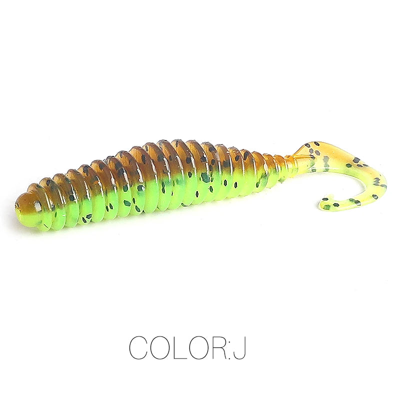 Green and brown ribbed soft plastic fishing lure with curled tail, color J, on white background