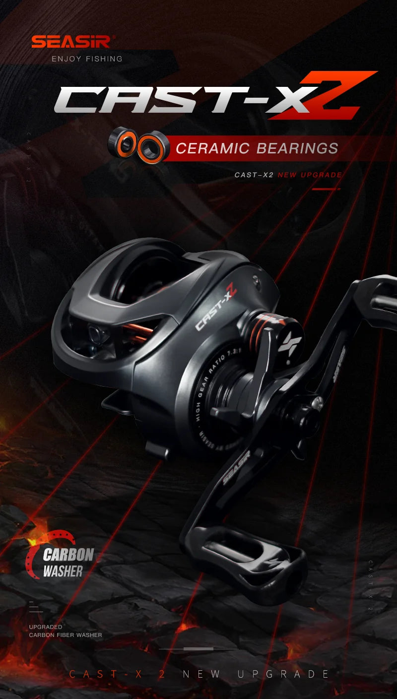 Black fishing reel with ceramic bearings and carbon washer, CAST-X2 model, dark background