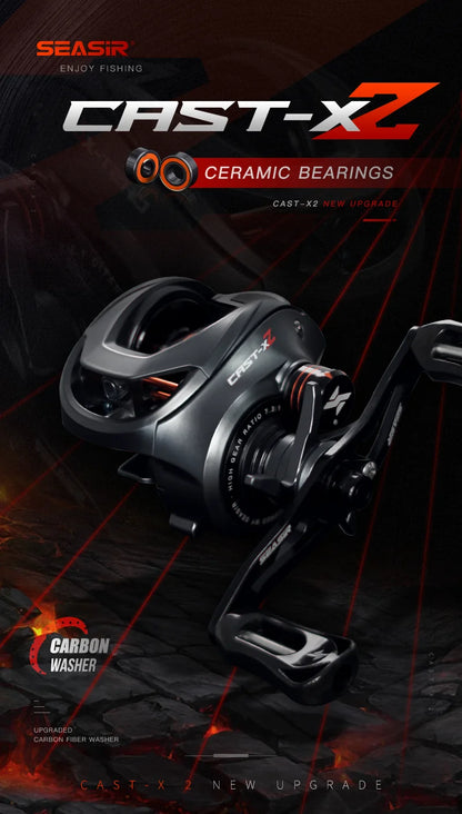 Black fishing reel with ceramic bearings and carbon washer, CAST-X2 model, dark background