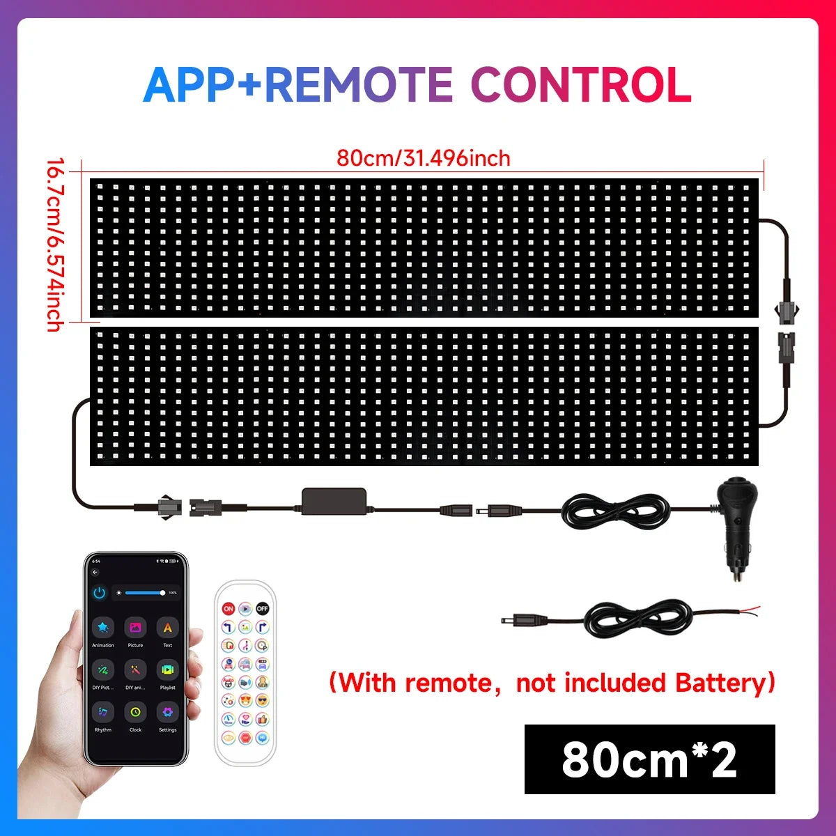 LED panel with app and remote control features, including dimensions and accessories.