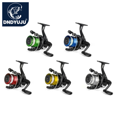 Five colorful spinning fishing reels for outdoor fishing, arranged on a white background