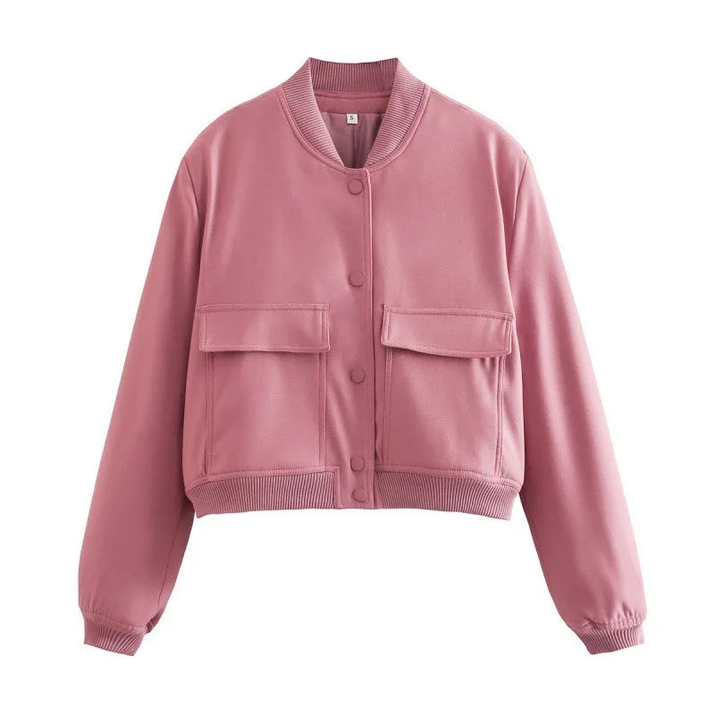 Woman Bomber Jacket White Autumn Winter Button Cropped Jackets Women Fashion Long Sleeve Coats