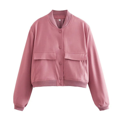 Woman Bomber Jacket White Autumn Winter Button Cropped Jackets Women Fashion Long Sleeve Coats