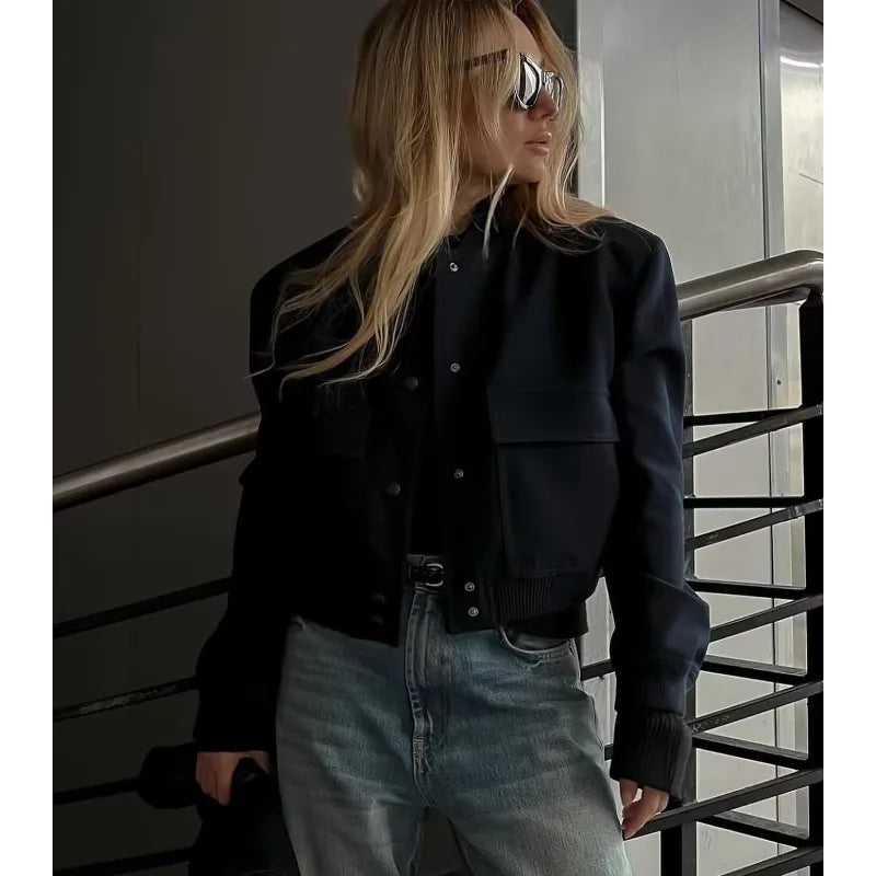 Woman Bomber Jacket White Autumn Winter Button Cropped Jackets Women Fashion Long Sleeve Coats