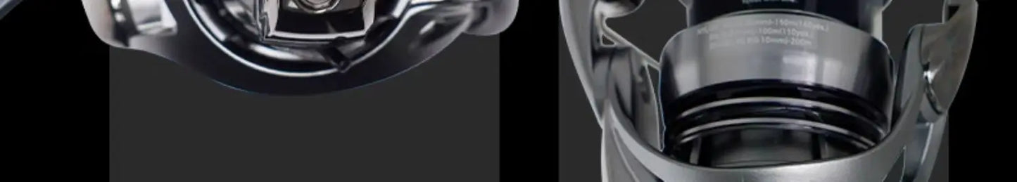 Close-up of metallic fishing reel parts on a dark background, outdoor gear accessory