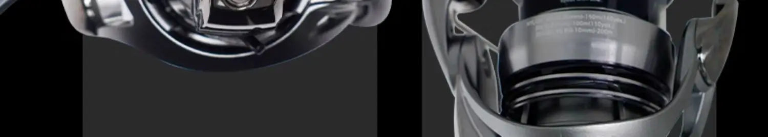 Close-up of metallic fishing reel parts on a dark background, outdoor gear accessory