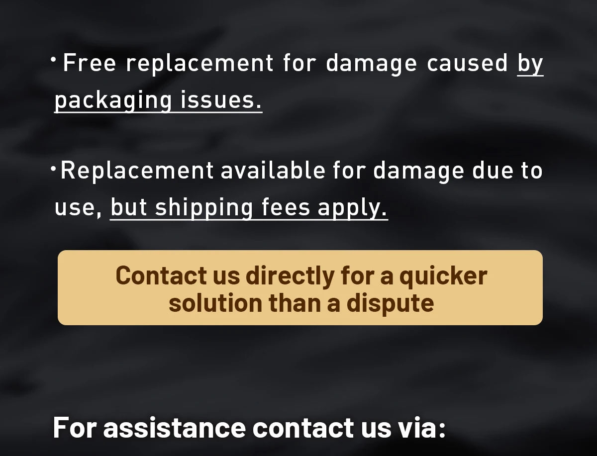 Customer service replacement and contact policy instructions on a black background.