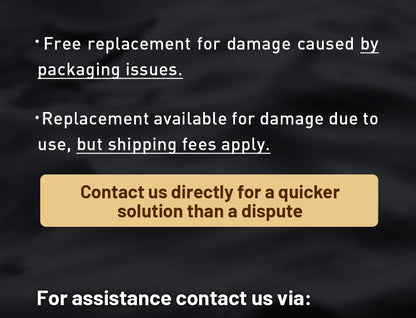 Customer service replacement and contact policy instructions on a black background.