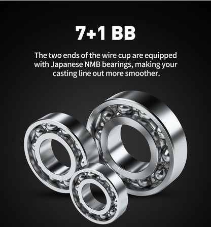 Close-up of three Japanese NMB ball bearings for fishing reels on a dark background.
