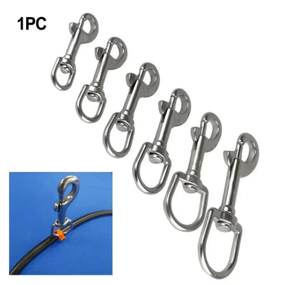 HookUpCo 316 stainless steel swivel eye with circular ring and hinged latch, polished metal.