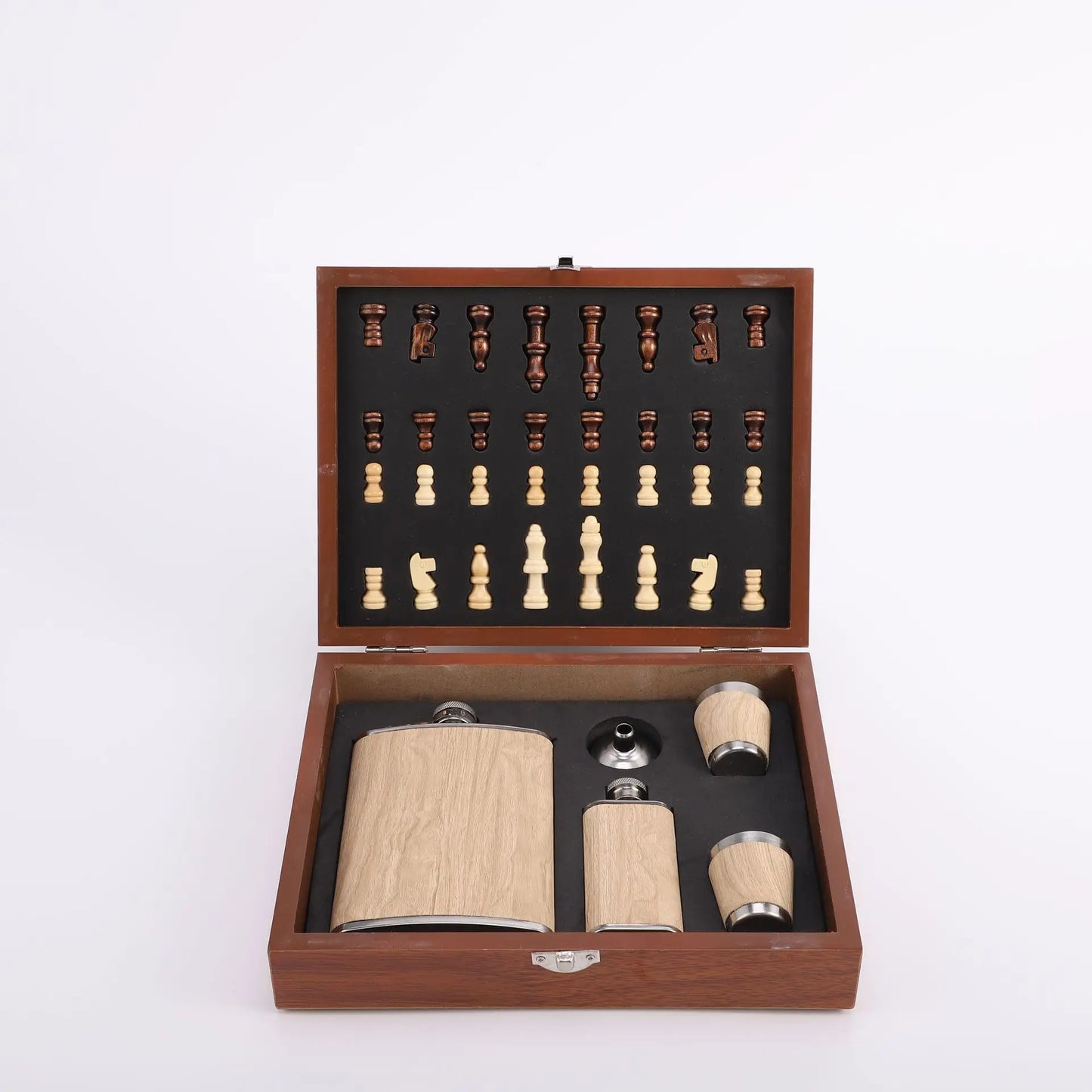 Portable 8oz Leather Hip Flask Set with Chess Wood Box