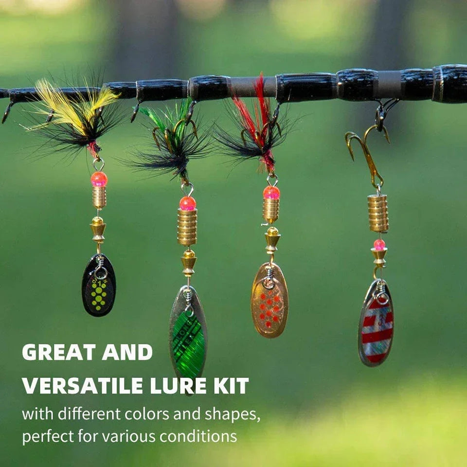 Colorful fishing lure kit with metal spinner baits and feather hooks hanging on a rod outdoors