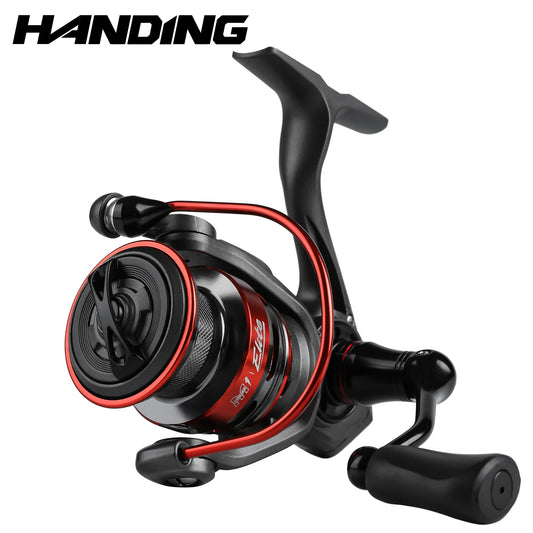 High-performance spinning fishing reel with black and red accents, isolated on white background
