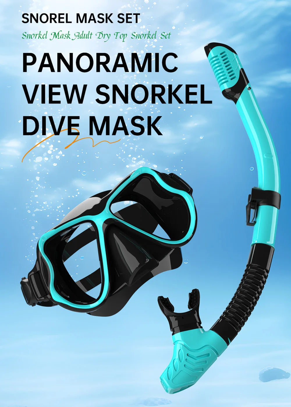 Snorkel mask set with panoramic view on a blue underwater background