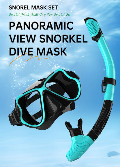 Snorkel mask set with panoramic view on a blue underwater background