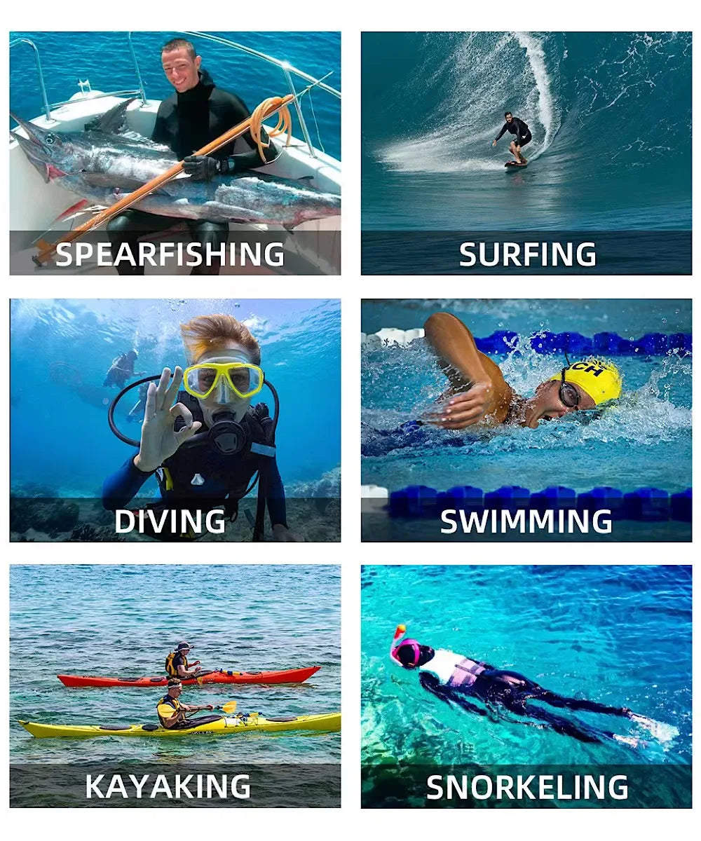 Collage of people engaging in various water activities with labels below each activity.