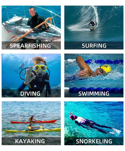 Collage of people engaging in various water activities with labels below each activity.