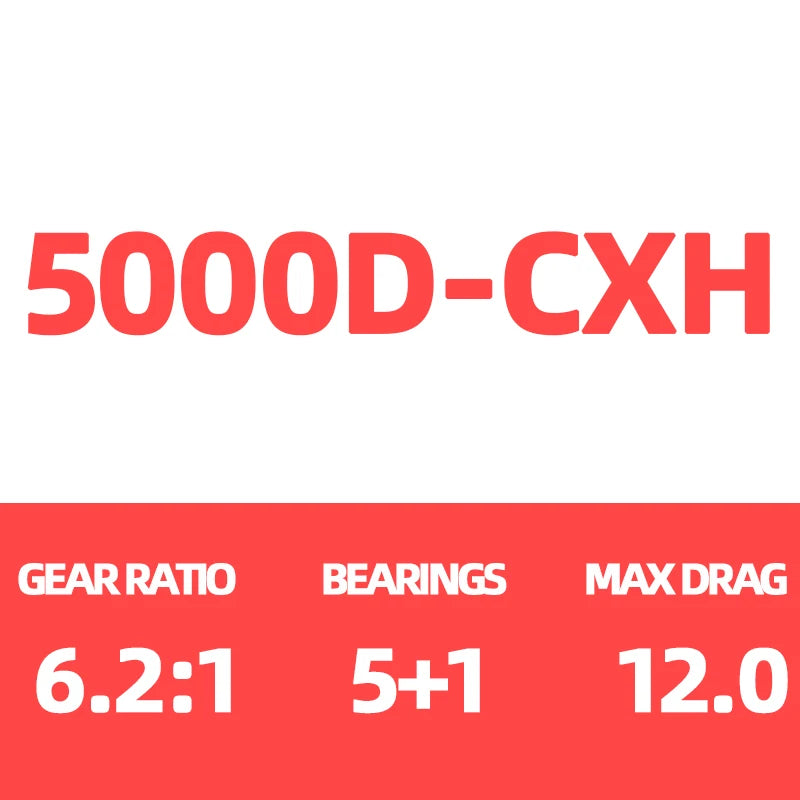 5000D-CXH reel specs with gear ratio 6.2:1, 5+1 bearings, max drag 12.0, on white and red background