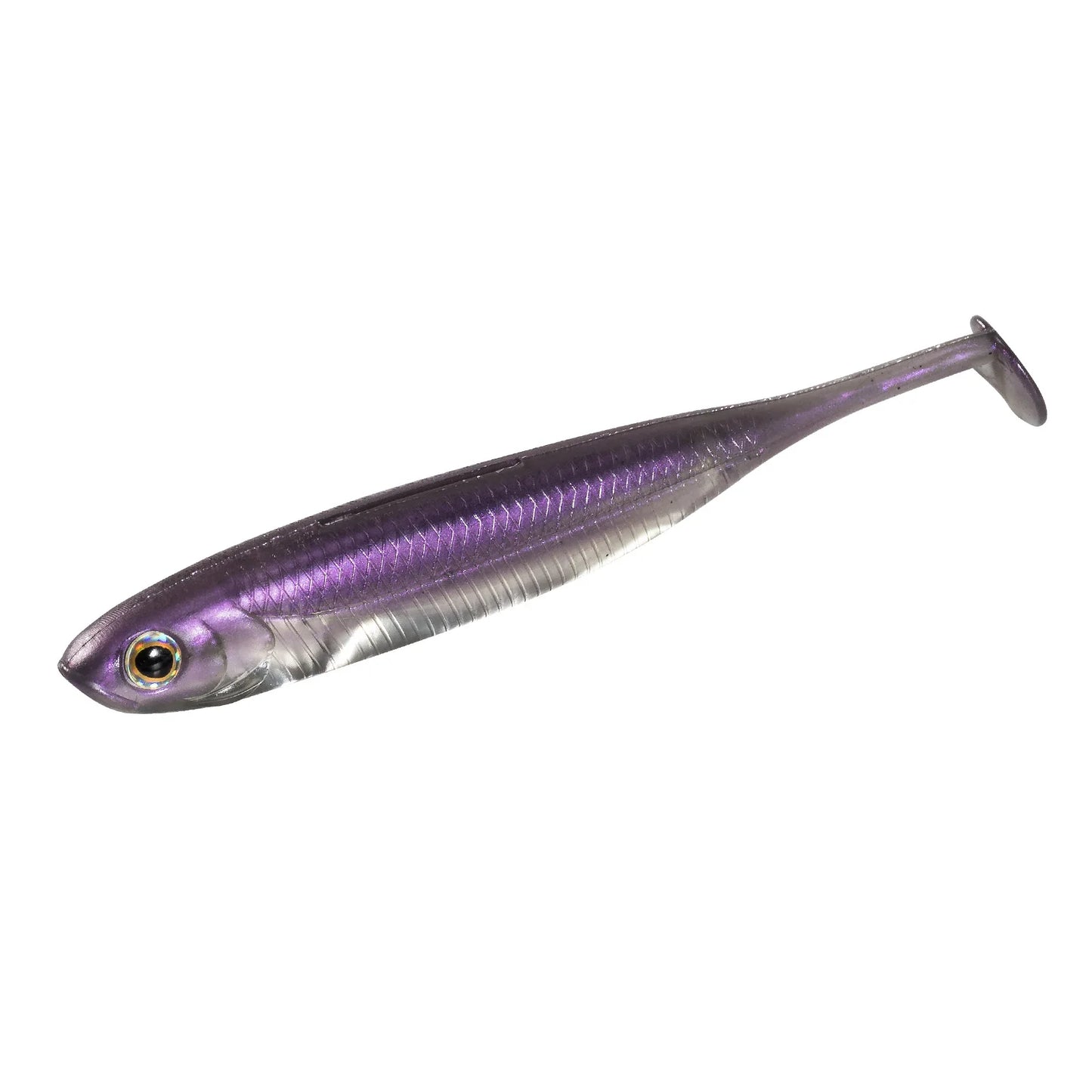 Purple and silver soft plastic fishing lure with lifelike detailing on white background